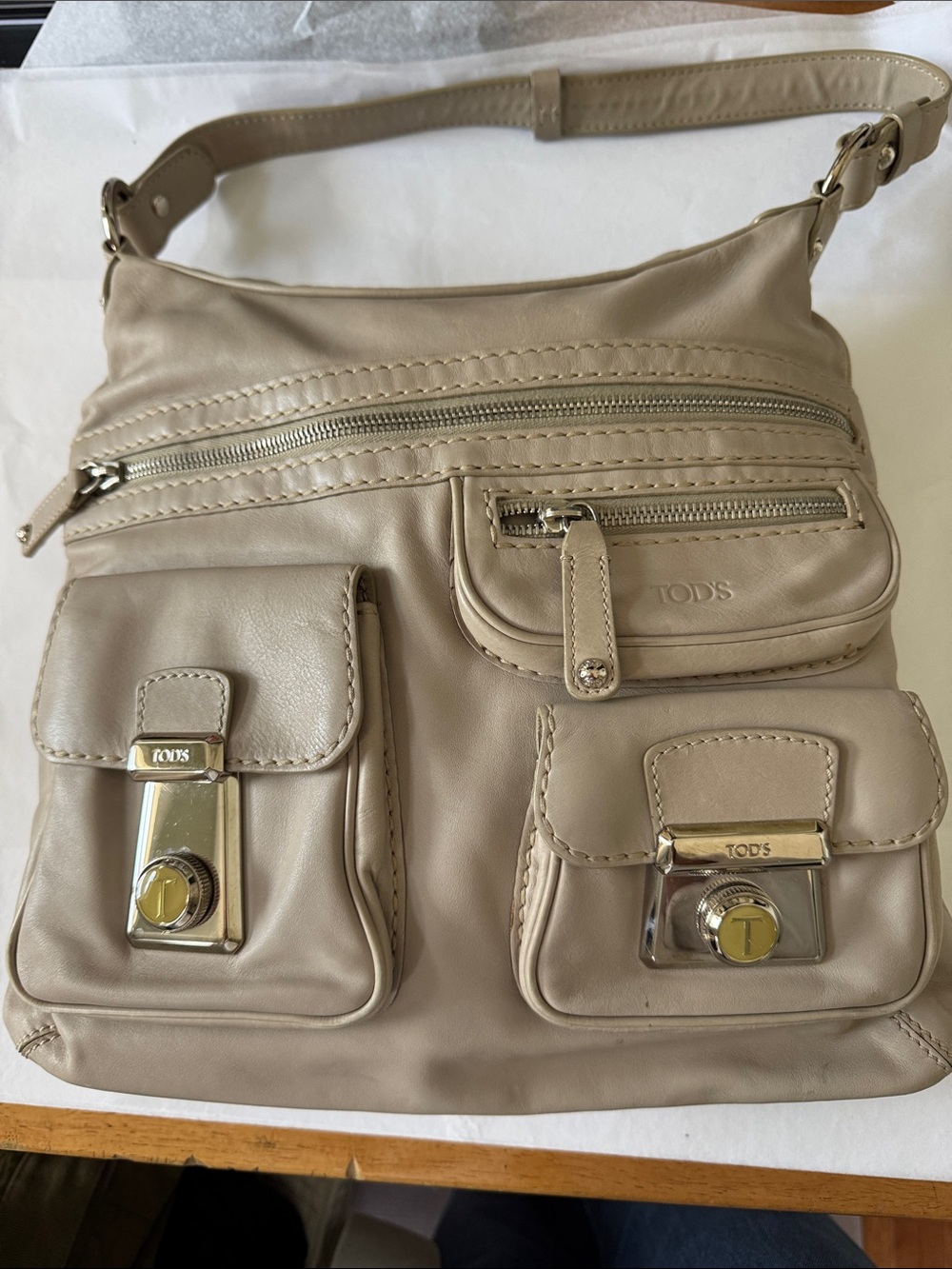 Tod's Taupe Beige Leather Multi-Pocket Shoulder Bag